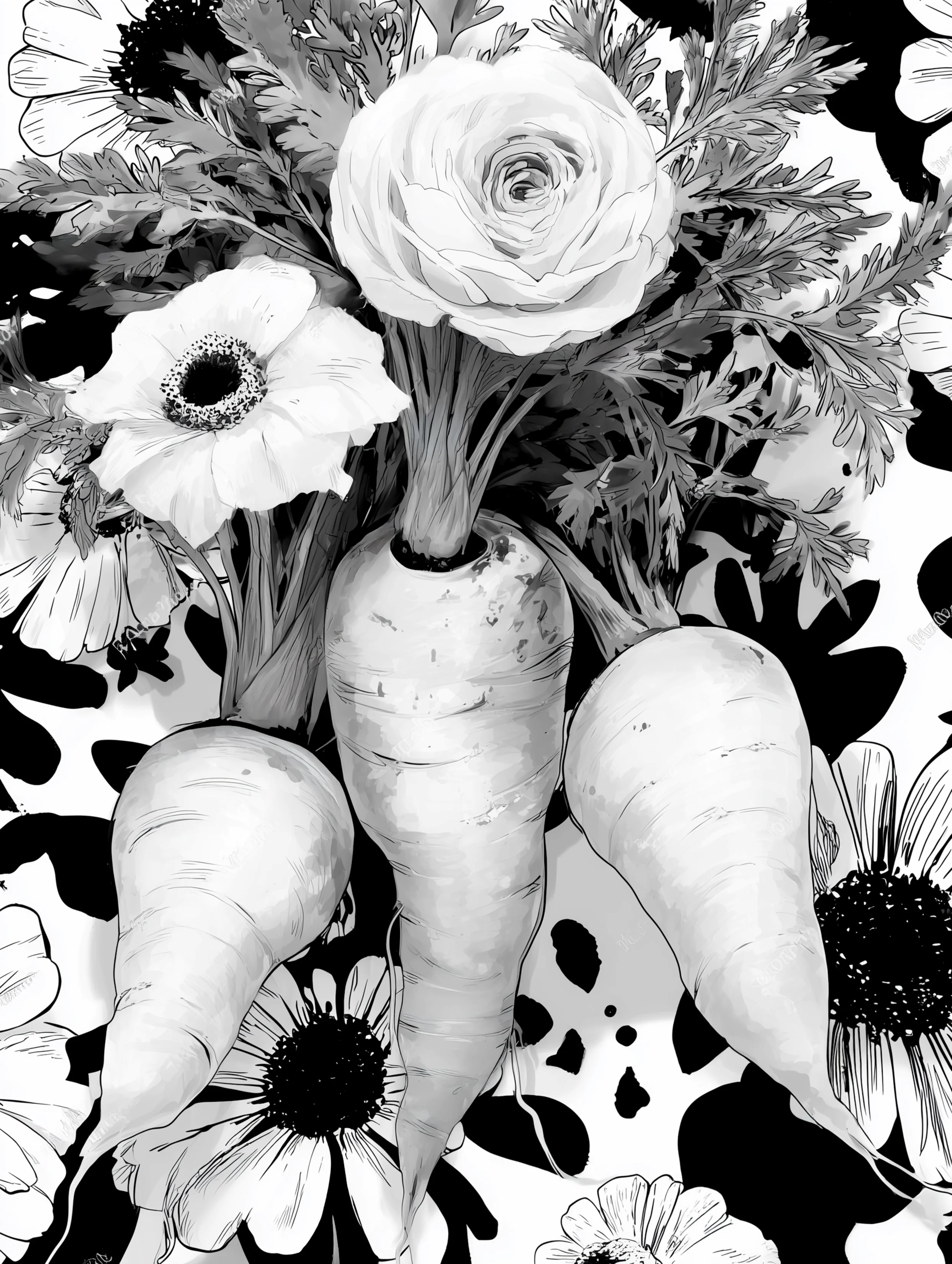 Free printable carrot coloring page for adults featuring three carrots and flowers